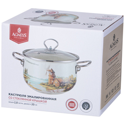 943-067 Кастрюля AGNESS "FAMILY HOUSE"  2,8л эмалированная со стеклянной крышкой